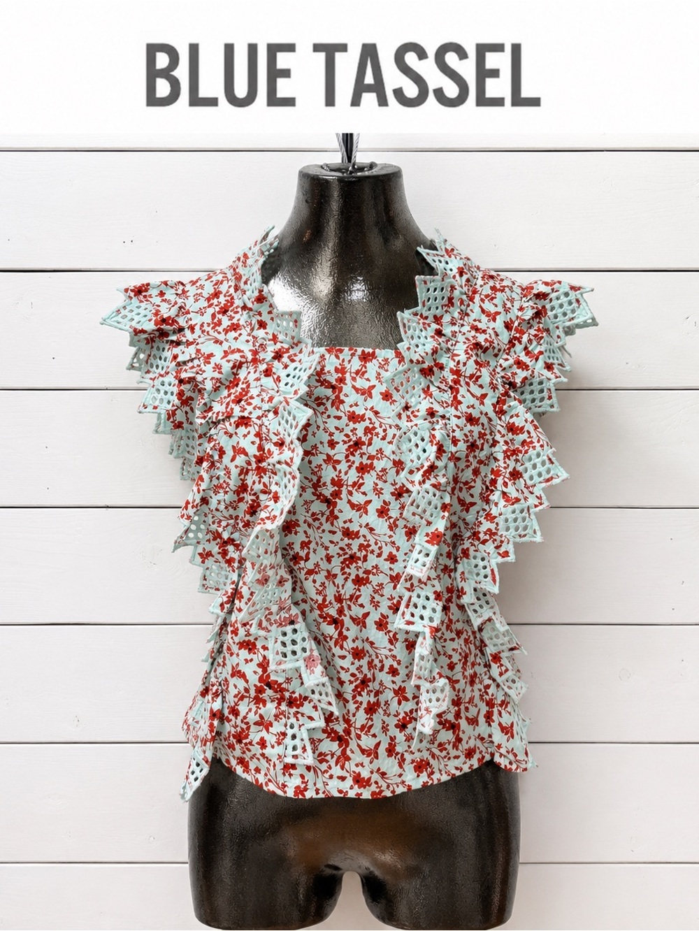 Blue Tassel Anthropologie Floral Ruffle Open-Back Top – Size S